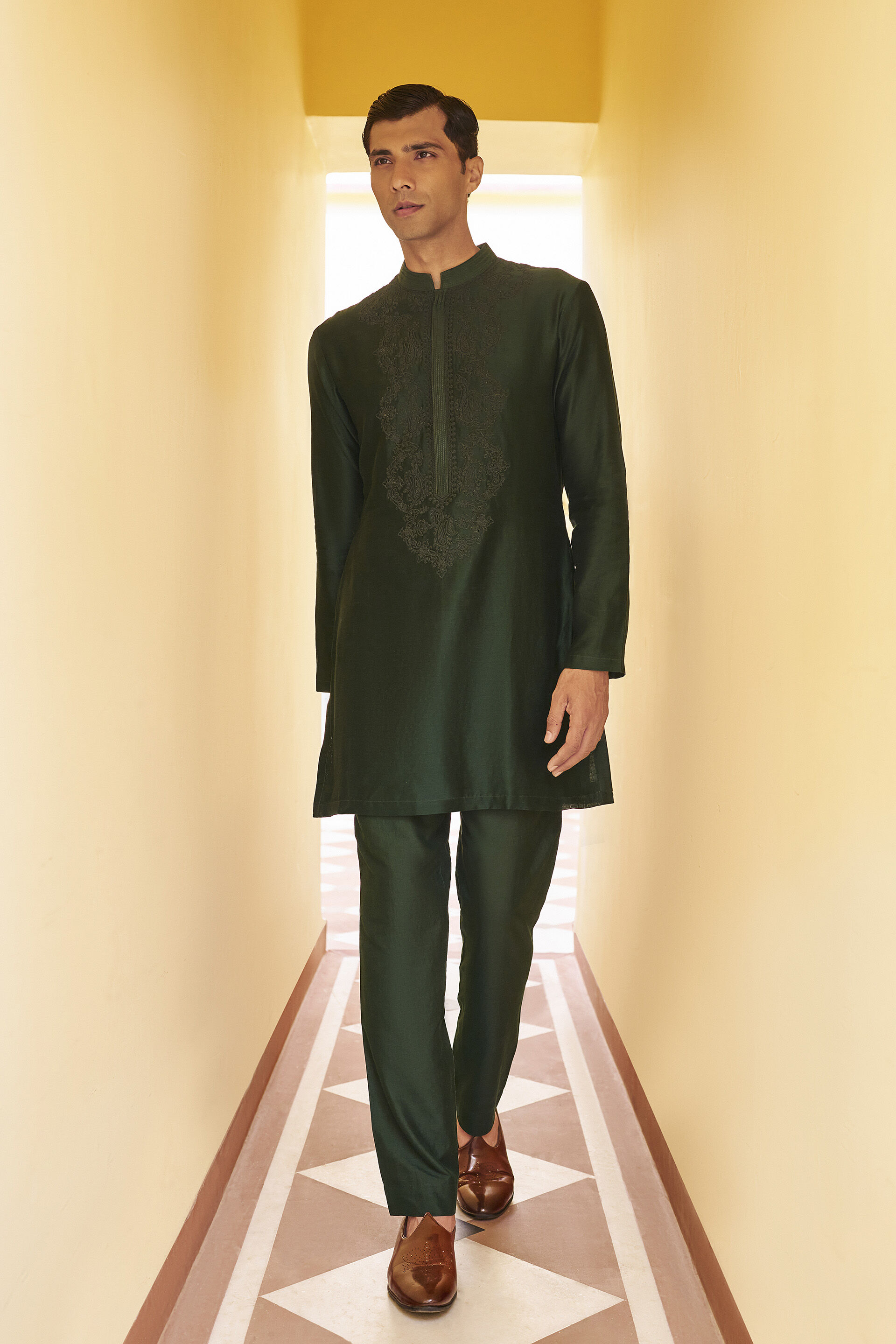 Starlight Embroidered Cord Mul Kurta - Emerald Green